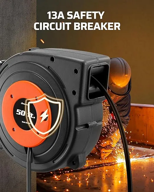 DEWENWILS Retractable Extension Cord Reel, 50 FT Heavy Duty Power Cord, 14AWG/3C SJTOW, 3 Grounded Outlets Lighted Triple Tap, 13 Amp Circuit Breaker, UL Listed