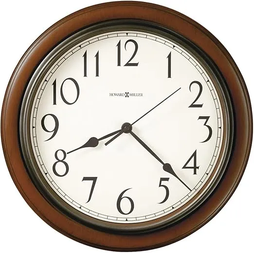 Howard Miller Kalvin Wall Clock 625-418 Medium Brown Cherry Finished Case, Charcoal Gray Accents, Modern Home Decor, Classic Round Design, Quartz Movement