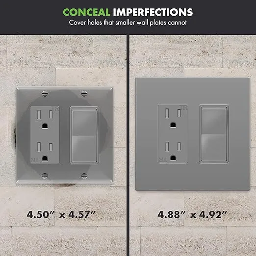 ENERLITES Screwless Decorator Wall Plates Child Safe Outlet Covers, Gloss Finish, Medium Size 2-Gang 4.88" H x 4.92” L, Unbreakable Polycarbonate Thermoplastic, SI8832M-GY, Gray