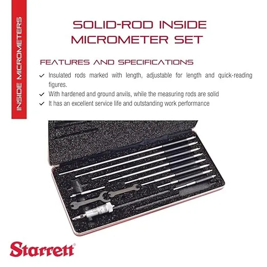 Starrett Solid-Rod Inside Micrometer Set with Case, Insulated Rods, Quick-Reading Figures, Hardened and Ground Anvils - 2-12" Range, .001" Graduations, Padded Case Type - 124BZ
