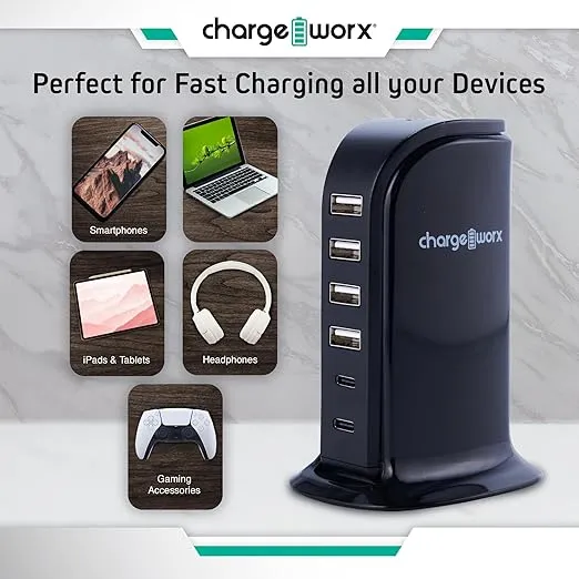 Multiport Charger, Fast Charging USB Tower Charging Station, 4 USB Ports & 2 USB-C, 40W - Fire & Surge Protector, Power Delivery & Rapid Charging