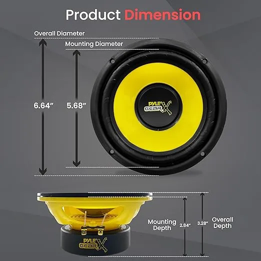 Pyle 6.5 Inch Mid Bass Woofer Sound Speaker System - Pro Loud Range Audio 300 Watt Peak Power w/ 4 Ohm Impedance and 60-20KHz Frequency Response for Car Component Stereo PLG64,Yellow