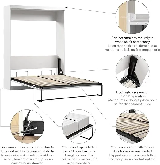 Bestar Pur Queen Murphy Bed, 65-inch Space-Saving Sleeping Arrangement for Multipurpose Area, Bedroom, Guest Room, or Living Room