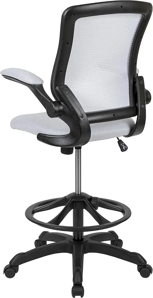 Flash Furniture Kale Mid-Back White Mesh Ergonomic Drafting Chair | Adjustable Foot Ring, Flip-Up Arms