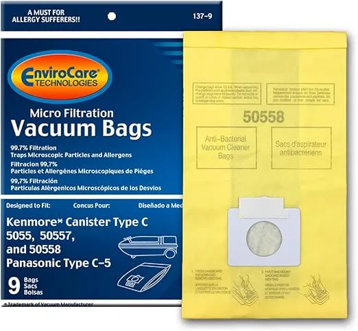 EnviroCare Replacement Vacuum Bags made to fit Kenmore Canister Type C or Q 50555, 50558, 50557 and Panasonic Type C-5 Vacuums, 9 pack