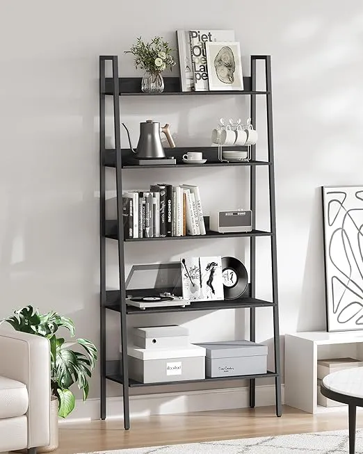 VASAGLE Bookshelf, 5-Tier Bookcase, Ladder Shelf for Home Office, Living Room, Bedroom, Kitchen, Ebony Black and Ink Black ULLS129B56