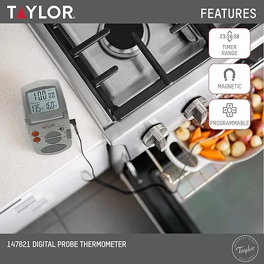 Taylor Programmable with Timer Instant Read Wired Probe Digital, Meat, Food, Grill BBQ Cooking Kitchen Thermometer, Stainless Steel