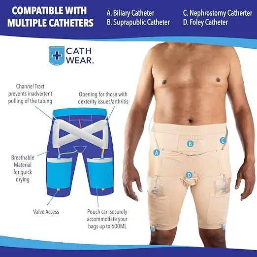CathWear Catheter Leg Bag Underwear - Unisex, X-Large, Beige, Holds 2 Leg Bags, 600ml