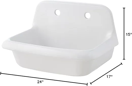 ELLAI 24 Inch Wall Mounted High Back Kitchen Sink White Porcelain Utility Sink Farm Sink Ceramic Farmhouse Laundry Sink Wall Mount Bathroom Sink, 8 in centers, 24” x 17” x 15”