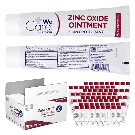 Dynarex 1191 Zinc Oxide Ointment, Soothes, Prevents, White, 2 oz. Tube, Pack of 72