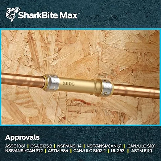 SharkBite Max 1/2 Inch Slip Coupling, Push to Connect Brass Plumbing Fitting, PEX Pipe, Copper, CPVC, PE-RT, HDPE, UR3008A