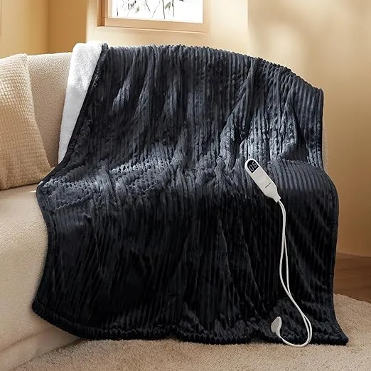 Bedsure Heated Blanket Electric Throw - Soft Ribbed Flannel Electric Blanket, Heating Blanket with 4 Time Settings, 6 Heat Settings, and 3 hrs Timer Auto Shut Off (50x60 inches, Black)