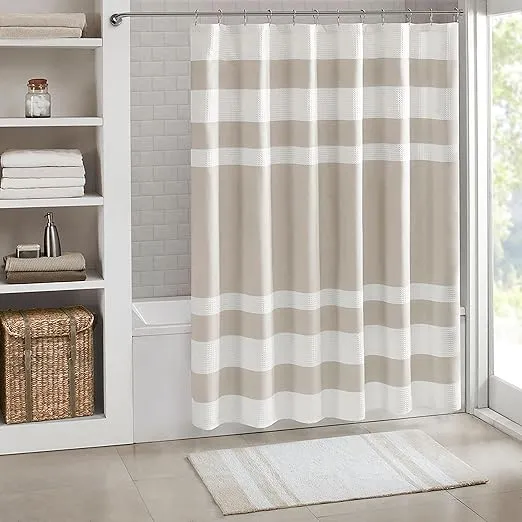 Madison Park Shower Curtain Waffle Weave Striped Pieced Design Fabric Shower Curtain for Bathroom with 3M Scotchgard Moisture Management Premium Spa Quality Modern Standard 72"x72" Taupe