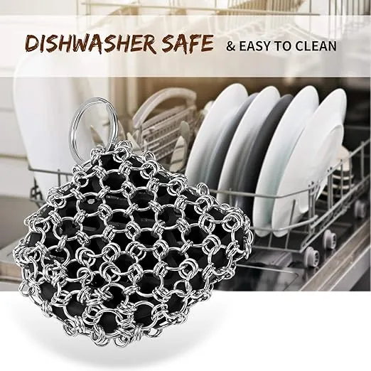 Herda Cast Iron Scrubber Scraper Tool Kit, 4Pieces Cast Iron Skillet Cleaner Cleaning Care Kit 316 Chain Mail Scrubber, Steel Skillet Brush Plastic Pan Scraper Set for Grill Griddle Pot Dish Food