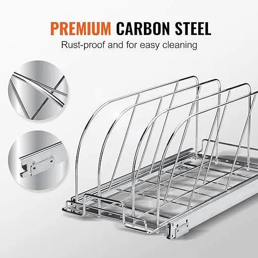 VEVOR Pan and Pot Rack, Expandable Pull Out Under Cabinet Organizer, Cookie Baking Pans tray Organization, Adjustable Wire Dividers, Steel Lid for Kitchen Cabinet & Pantry, 8.5"W