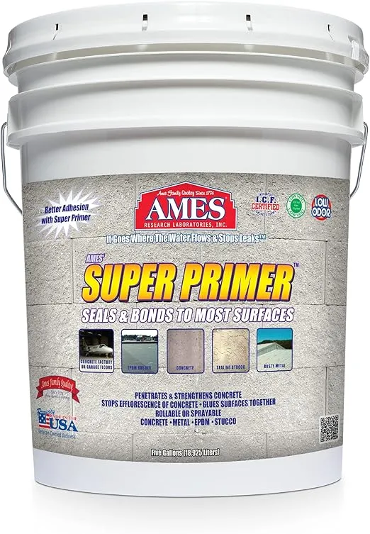 AMES Super Primer™ - 5 Gallon Multi-Surface Acrylic Primer - Clear, Powerful Membrane Perfect for Wood, Tile, Concrete and More - Made in the USA
