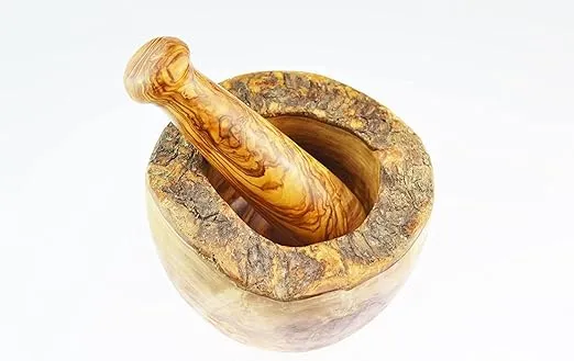 Olive Wood Rustic Mortar and Pestle - 4.7 inch. for Grinding Spices, Salsa, Herbs etc. Durable, Hardwearing. Handcrafted Tunisian Olive Wood.