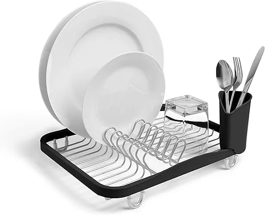 Umbra Sinkin Dish Drying Rack – Drainer Caddy with Removable Cutlery Holder – Use In Sink or On Counter, Standard, Black/Nickel