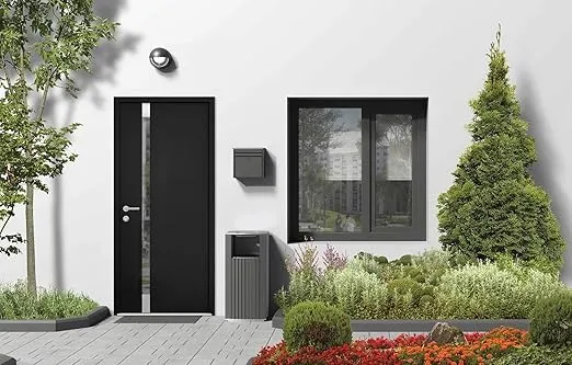 VDOMDOORS - Front Exterior Prehung Steel Door/Cynex 6777 Black/Stainless Inserts Single Modern Painted W32 x H80 Right Hand Inswing