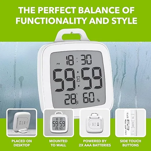 BALDR Digital Bathroom Clock with Timer - Waterproof Shower Clock with Time and Temperature - Waterproof Shower Timer for Kids and Adults - Bathroom Timer, Digital Shower Clocks for Bathroom