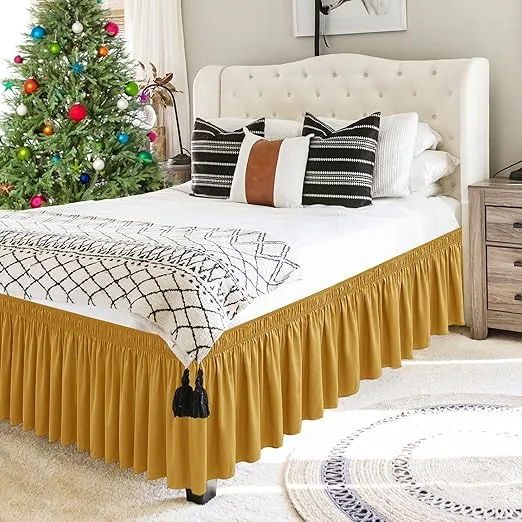 Biscaynebay Wrap Around Bed Skirts for Queen Beds15 Drop, Christmas Gold Adjustable Elastic Dust Ruffles Easy Fit Wrinkle & Fade Resistant Silky Luxurious Fabric Machine Washable