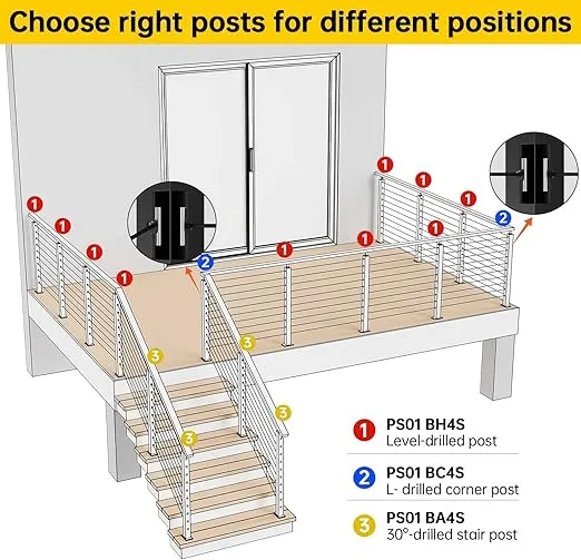 Muzata Black Cable Railing Post Level drilled 36"x2"x2" Surface Mount T304 Stainless Steel Cable Railing System Kit Indoor Outdoor with Paper User Guide PS01 BH4S