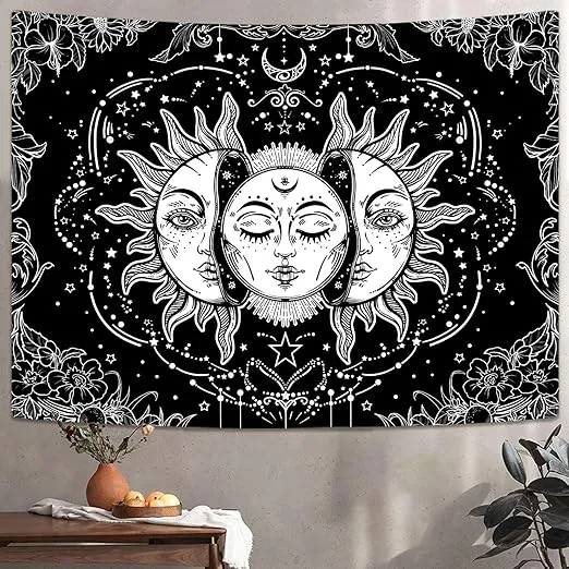 Lifeella Black and White Sun and Moon Tapestry, Burning Sun Tapestries Aesthetic Mystic Wall Hanging for Bedroom Decor 60×80 inch