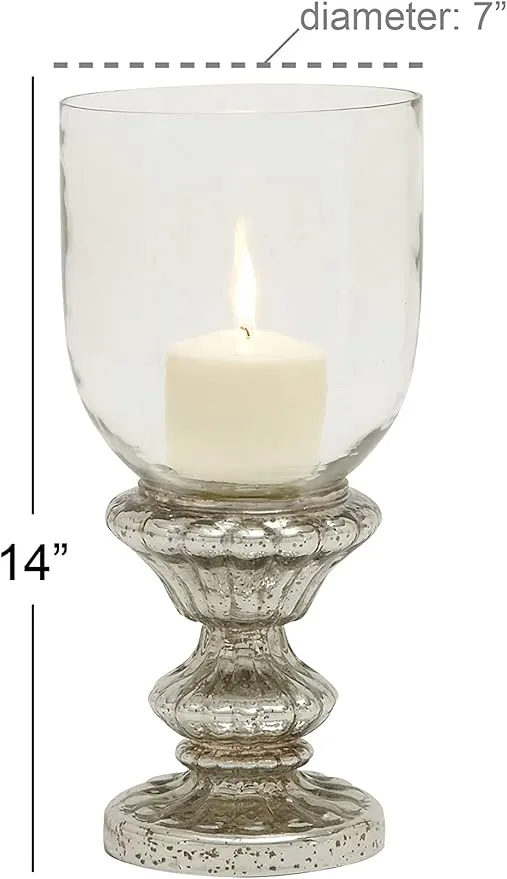 Deco 79 Glass Handmade Turned Style Pillar Hurricane Lamp with Faux Mercury Glass finish, 7" x 7" x 14", Silver