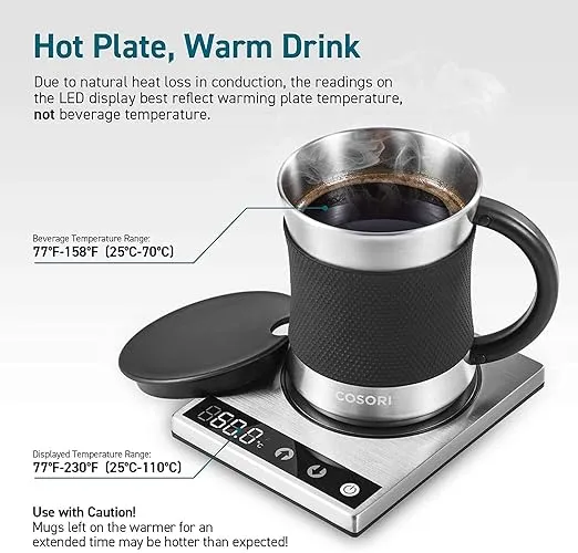 COSORI Coffee Mug Warmer & Mug Set for Desk, Cup Heater, Office & Christmas Gifts, 1°F Precise Temperature Control, Touch Tech & LCD Digital Display (77-194℉), 304 Stainless Steel, Silver/Black