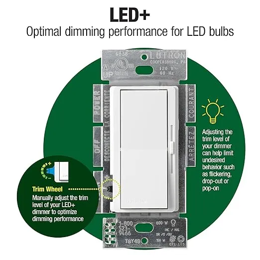 Lutron Diva LED+ Dimmer Switch for Dimmable LED, Halogen and Incandescent Bulbs, Single-Pole or 3-Way, DVCL-153P-WH, White (2-Pack)