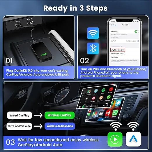 Carlinkit 5.0 Android Auto & Wireless CarPlay Adapter,Plug & Plug, Two Channel Connection, Online Update,for Cars with OEM Android Auto & Wired CarPlay (2016-2024), 10s Auto-Connect