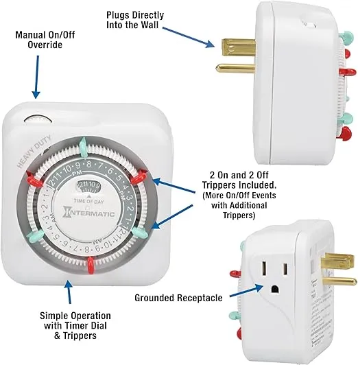 TN311 Heavy-Duty 24-Hour Indoor Mechanical Plug-in Timer - Efficient Control for 2 Devices, Customizable Scheduling - Timer for Lighting, Fans & Small Appliances