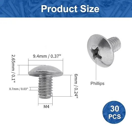 MroMax 30Pcs M4 x 6mm Truss Head Phillips Machine Screws for Cabinet Drawer Knob Pull Handle, 304 Stainless Steel 18-8, Fully Thread, Metric Silver Gray Cross Head Screws Bolts