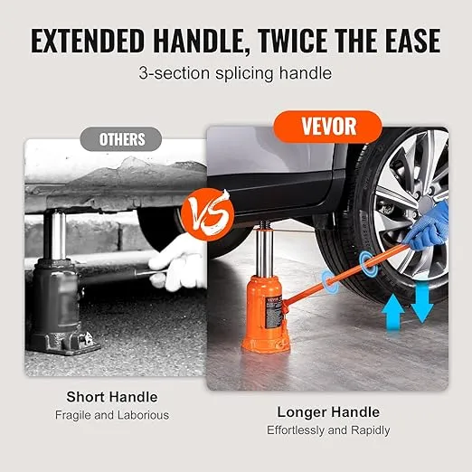 VEVOR Hydraulic Bottle Jack, 20 Ton/44092 LBS All Welded Bottle Jack, 7.5-14 inch Lifting Range, with 3-Section Long Handle, for Pickup Truck, Truck, Car, RV, Auto Repair, Industrial Engineering