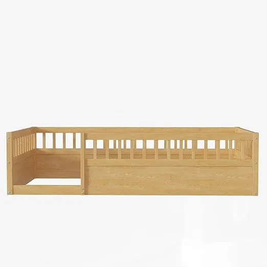 DNYN Twin Size Montessori Floor Bed for Kids Bedroom,Wooden Bedframe w/Fence & Wood Slat Support & Easy Assemble & Space Saving Design & No Box Spring Needed, Natural