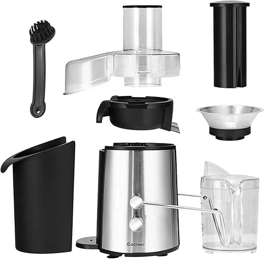 COSTWAY Juice Extractor, 75MM Wide Mouth Stainless Steel Juicer Machines, 2-Speed Setting High Speed Masticating Juicer Machine for Fruits and Vegetable with Slag Pot and Juice Jug, BPA-Free