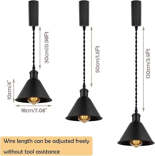 Set of Three Adjusted Wire Length H-Type Track Hanging Light 3.9 Ft Twisted Cord E26 Base Industrial Design Black Metal Pendant Light Fixture for Loft Aisle Bar(No Bulb & Track)