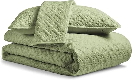 Cosy House Collection Luxury Rayon Derived from Bamboo 3-Piece Quilt Set - Ultra Soft Quilted Coverlet Bedspread - Classic Weave Stitch - Includes Quilt and 2 Pillow Shams (Full/Queen, Sage Green)