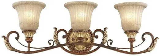 Livex Lighting 8553-63 Villa Verona 3 Light Verona Bronze Finish Vanity Bath with Aged Gold Leaf Accents and Rustic Art Glass