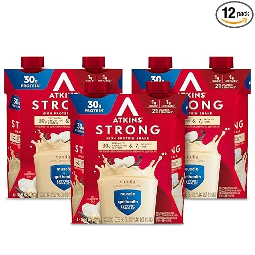 Atkins Strong High Protein Shake, Vanilla, 30g Protein, 7g Prebiotic Fiber, Muscle & Gut Health Support Complex, 12 Count