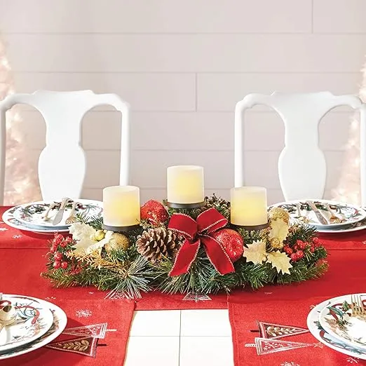 BrylaneHome Cordless Led Pre-Decorated Christmas Holiday Candleholder Centerpiece - Red