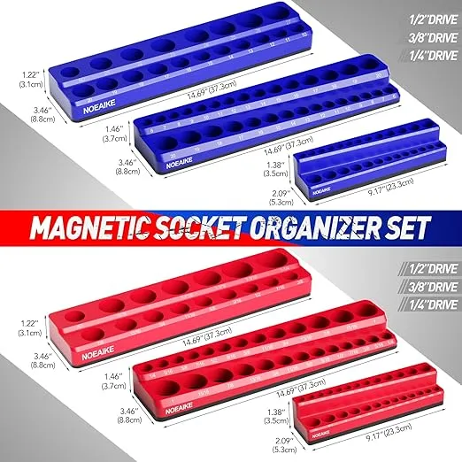Socket Organizer Magnetic Socket Tray,NOEAIKE 6-Pack SAE & Metric 1/2,3/8,1/4 Inch Drive Socket Holder,Holds 141 Standard/Deep Sockets,Blue and Red Magnetic Socket Organizers(Sockets Not Included)