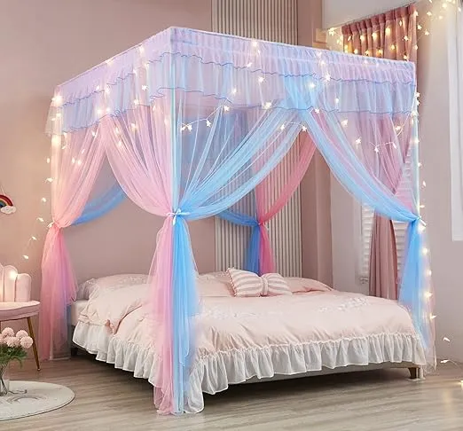 Mengersi Rainbow Canopy Bed Curtains with Lights - Princess Bed Canopy for Girls - Bed Drapes Netting- Bedroom Decoration Accessories,Twin