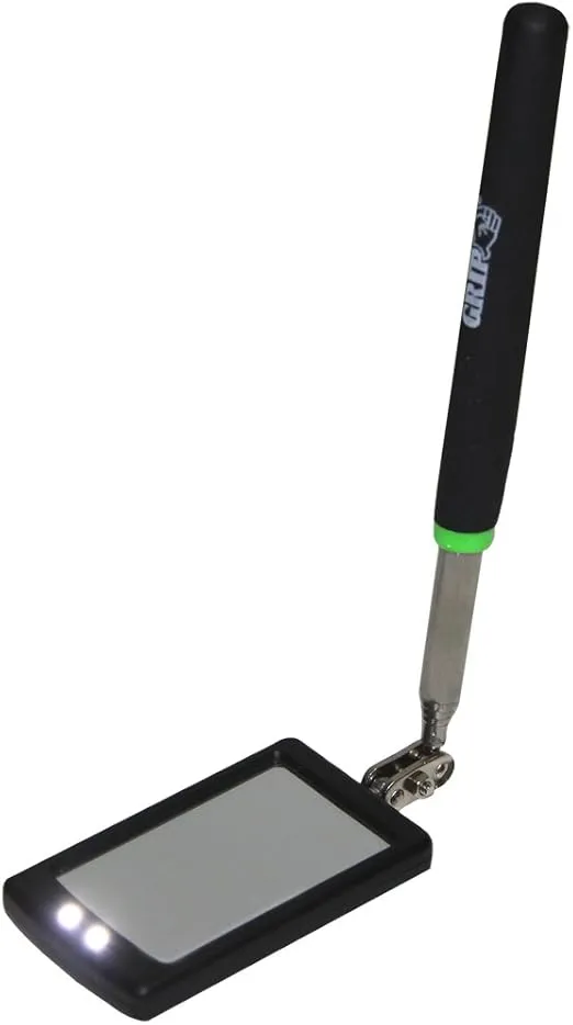 Grip Telescopic LED Inspection Mirror - Extends 11" to 34" - Stainless Steel Shaft - LED Lights Add Visibility - Dual Ball Joint Mirror - Machinery, Automotive - Home, Garage, Workshop