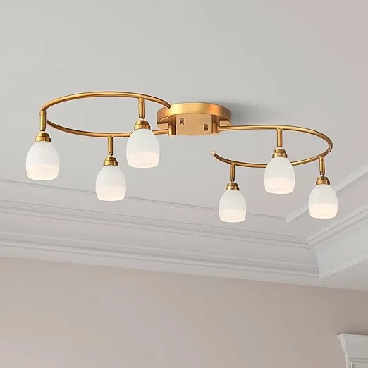 Pro Track Ascend 6-Head LED Ceiling Track Light Fixture Kit Spot-Light GU10 Dimmable Gold Finish Glass Modern S-Wave Kitchen Bathroom Living Room Dining Hallway Bedroom Decor House 31 1/4" Wide