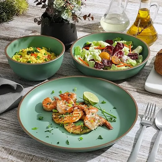 Gibson Home Rockabye 12 Piece Double Bowl Melamine Plastic Dinnerware Set - Matte Green