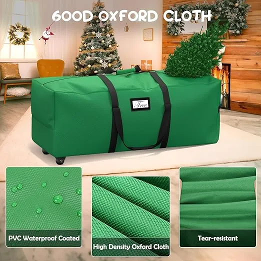 Mrrihand Christmas Tree Storage Bag, Large Artificial Anti-Tear Heavy-Duty 600D Oxford Cloth Xmax Christmas Tree Storage Box with Rolling Wheels, Christmas Tree Storage Container (Grass Green, 9Ft)