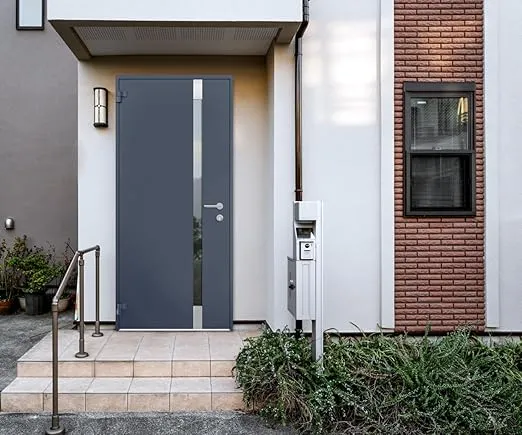 VDOMDOORS - Front Exterior Prehung Steel Door/Cynex 6777 Grey/Stainless Inserts Single Modern Painted W36 x H80 Left Hand Outswing