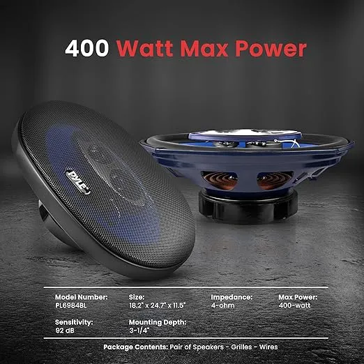 Pyle 6” x 9” Car Sound Speaker (Pair) - Upgraded Blue Poly Injection Cone 4-Way 400 Watts w/ Non-fatiguing Butyl Rubber Surround 50 - 20Khz Frequency Response 4 Ohm & 1.25” ASV Voice Coil