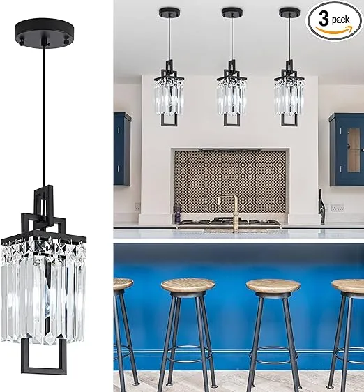 Modern Black Pendant Light Fixtures for Kitchen Island and Dining Room, Industrial Small Hanging Crystal Chandelier Light Fixture for Bedroom Entryway Living Room Foyer Hallway 3-Pack